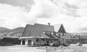 Exterior historic view of the Kettle Valley Railway Station, pre-1945